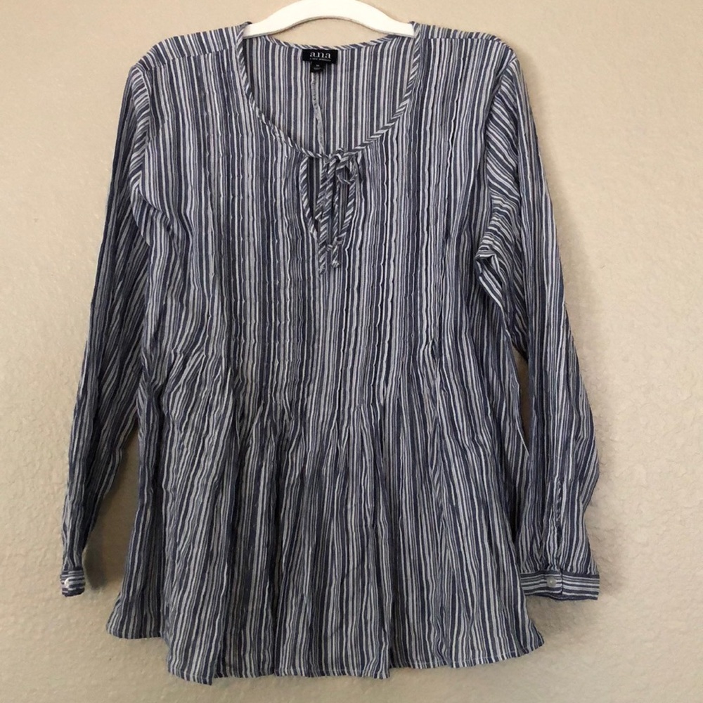 A.N.A Blue and White Stripe XL V-Neck Long Sleeve Blouse